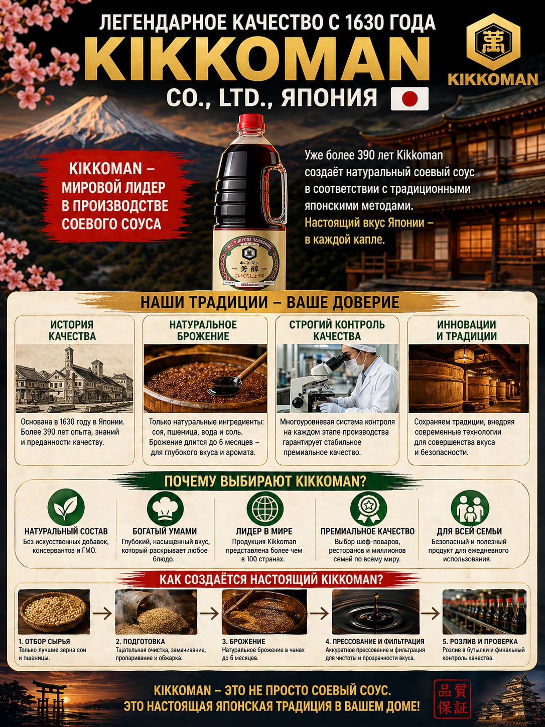 Соевый соус Kikkoman натурального брожения 1, 8 л, японский соус оригинал, для суши, роллов, рамена, терияки, премиум импорт Япония