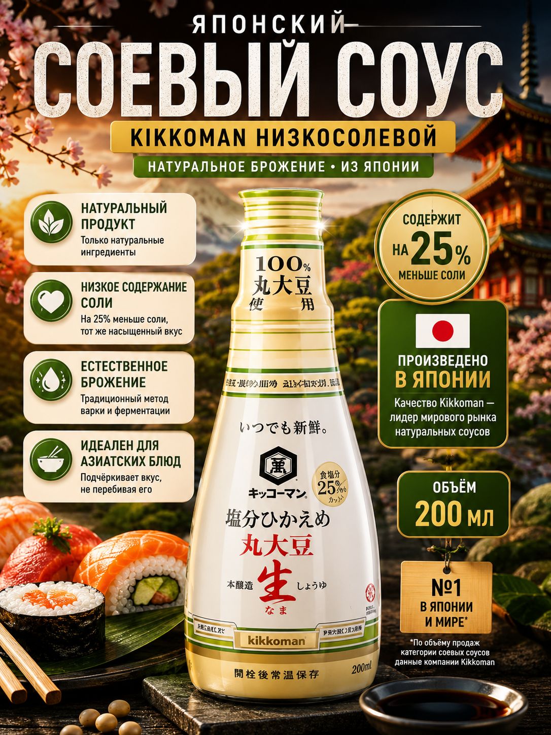 Соевый соус Kikkoman низкосолевой, японский соус с пониженным содержанием соли, для суши, роллов, рамена и азиатских блюд, 200 мл, Япония