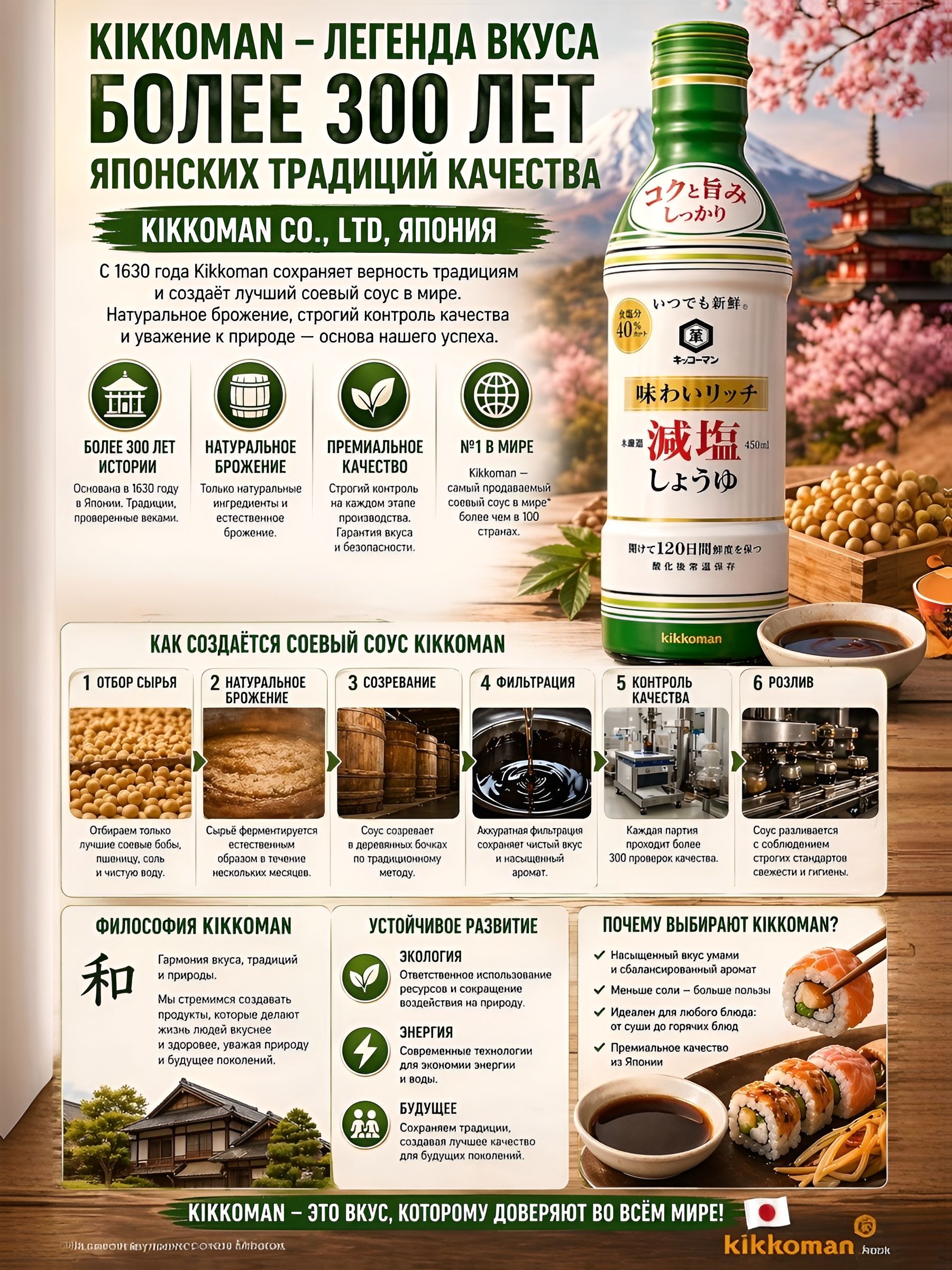 Японский соевый соус Kikkoman c насыщенным вкусом и низким содержанием соли, слабосолёный, премиальный импорт, 450 мл., Япония