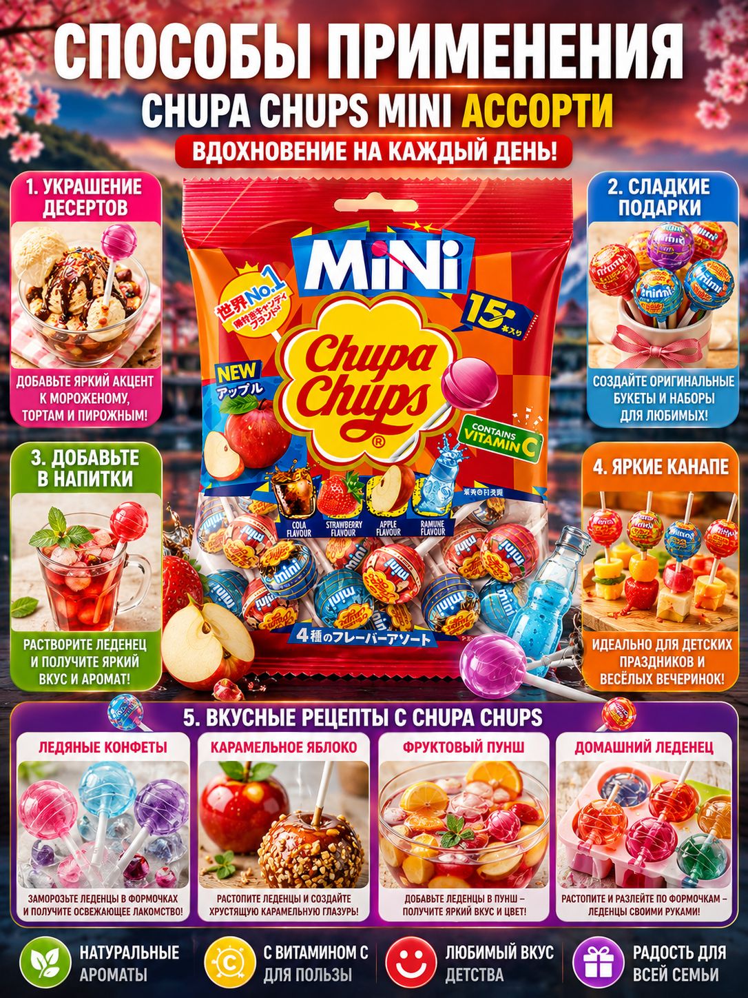 Chupa Chups Mini Ассорти, японские леденцы и фруктовая карамель, конфеты ассорти, Япония