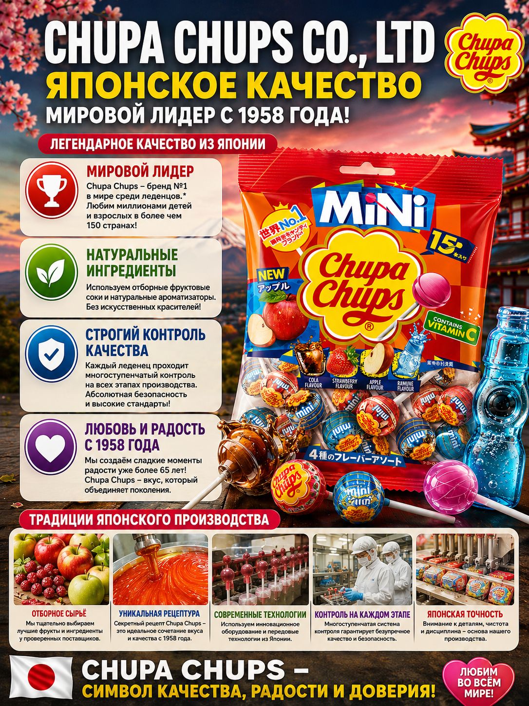 Chupa Chups Mini Ассорти, японские леденцы и фруктовая карамель, конфеты ассорти, Япония