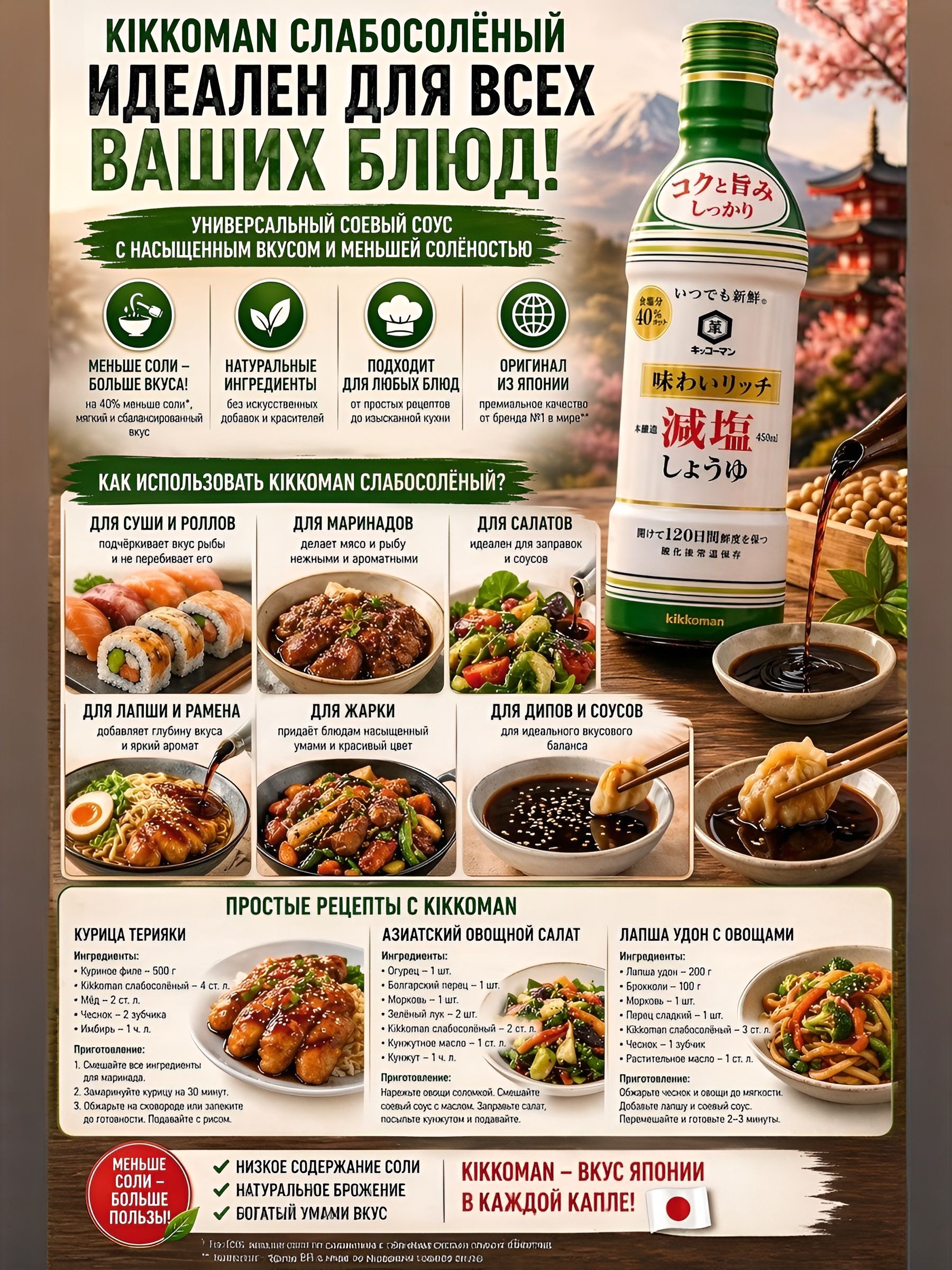 Японский соевый соус Kikkoman c насыщенным вкусом и низким содержанием соли, слабосолёный, премиальный импорт, 450 мл., Япония