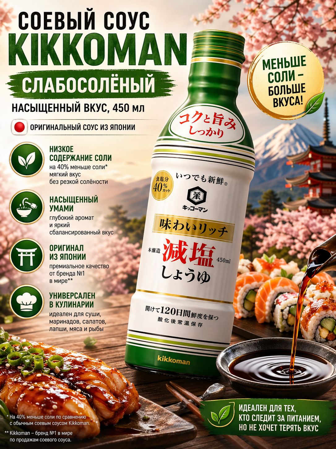 Японский соевый соус Kikkoman c насыщенным вкусом и низким содержанием соли, слабосолёный, премиальный импорт, 450 мл., Япония