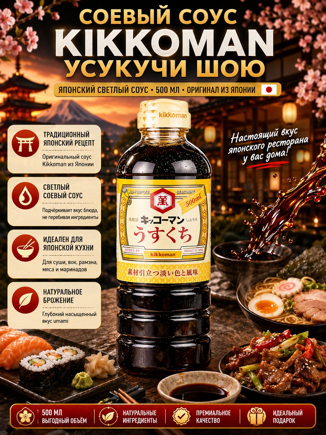 Соевый соус Kikkoman Усукучи Шою, японский светлый соус, 500 мл, Япония