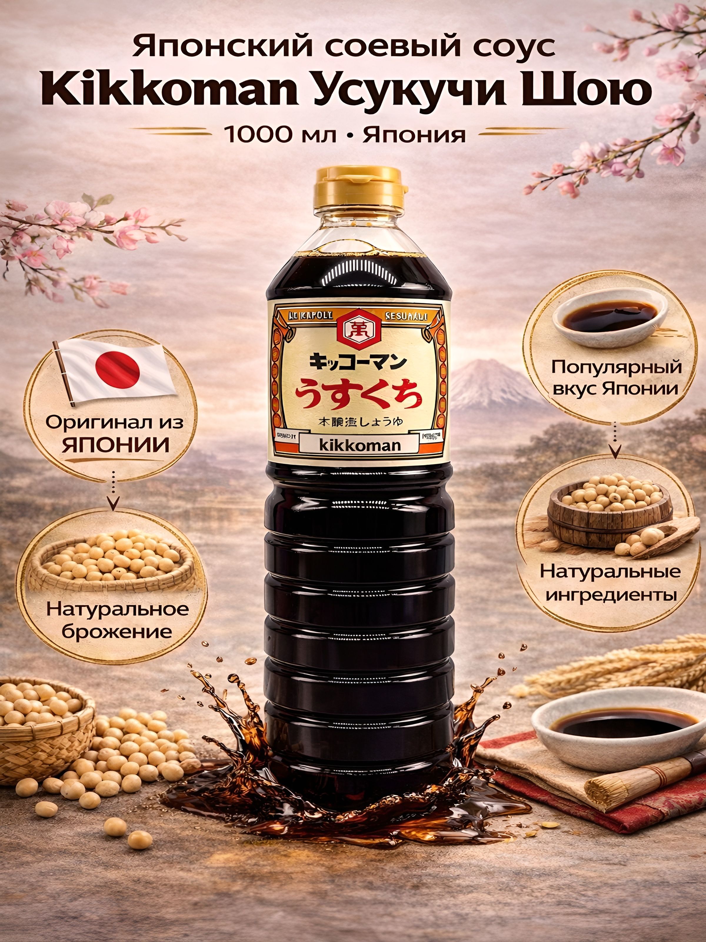 Японский соевый соус Kikkoman Усукучи Шою, 1000 мл., Япония
